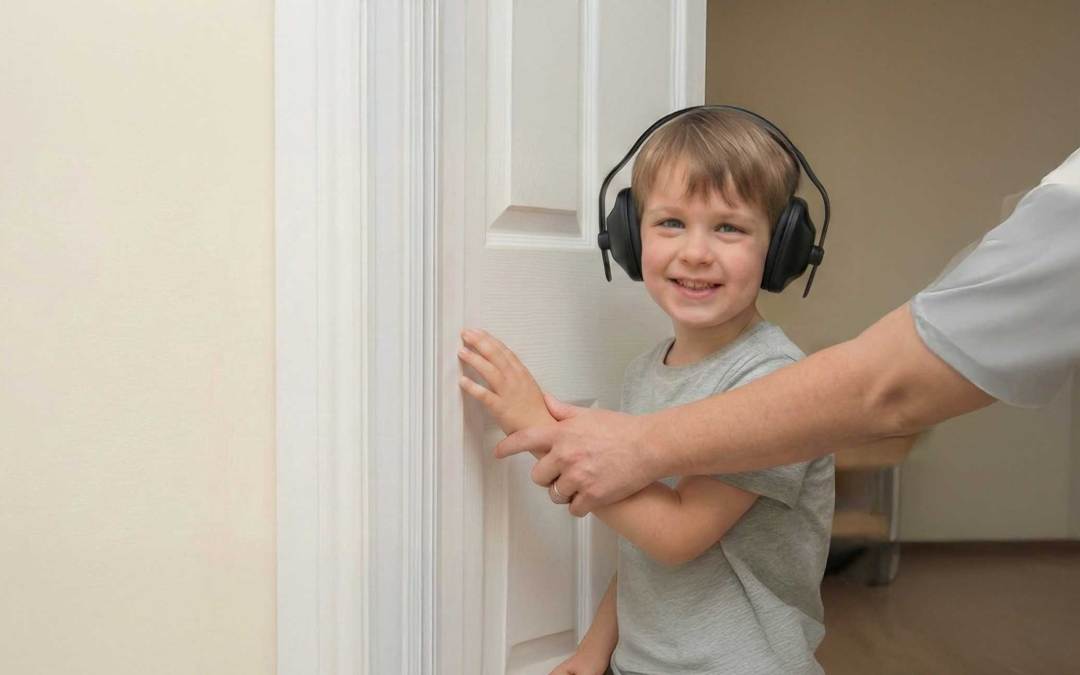A smiling autistic child with noise-canceling headphones and an adult's hand near a door hinge protected by a white accordion door finger guard.