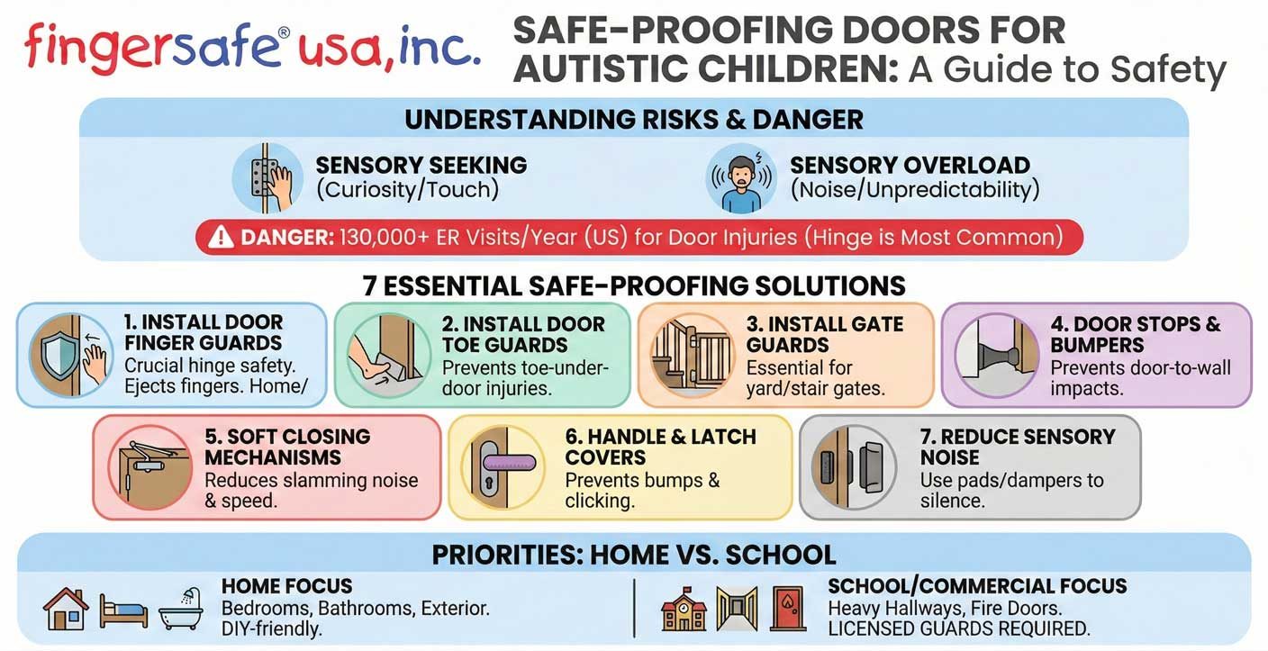 Door safety for autistic children door injury prevention infographic with 7 solutions to prevent door injuries